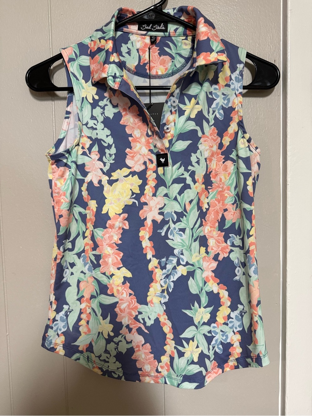 Bad Birdie Floral Sleeveless Polo - Navy with Coral, Mint & Yellow